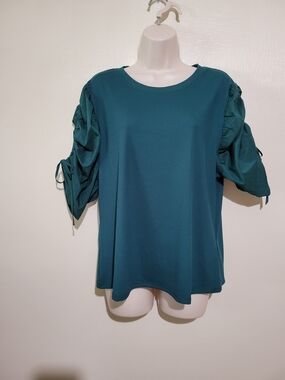 Nicole Miller Teal Short-Sleeve Puff Ruched Top